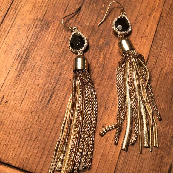 Black Crystal Gold Tone Long Tassel Earrings - Picture 2 of 4